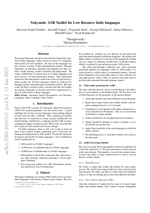 (PDF) Vakyansh: ASR Toolkit for Low Resource Indic languages