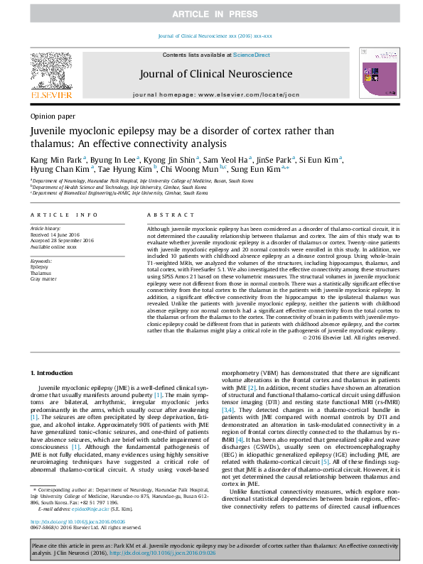 (PDF) Juvenile myoclonic epilepsy may be a disorder of cortex rather ...