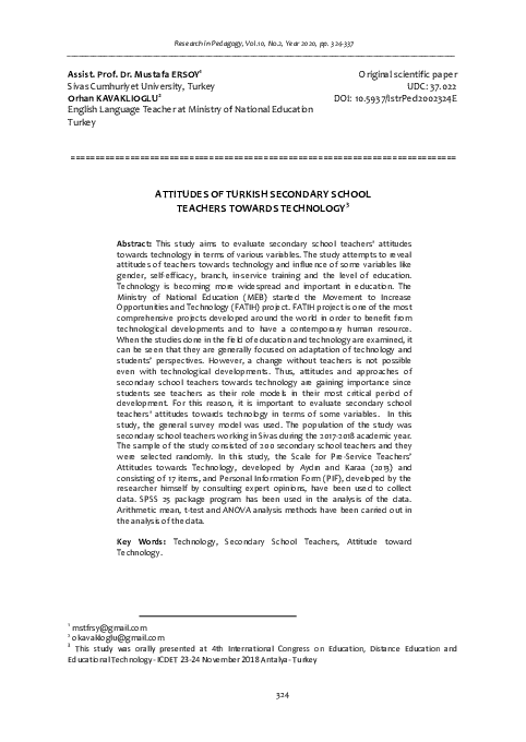 (PDF) Attitudes of Turkish secondary school teachers towards technology