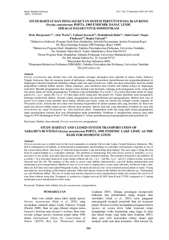 (PDF) Studi Habitat dan Pengangkutan Sistem Tertutup pada Ikan Rono
