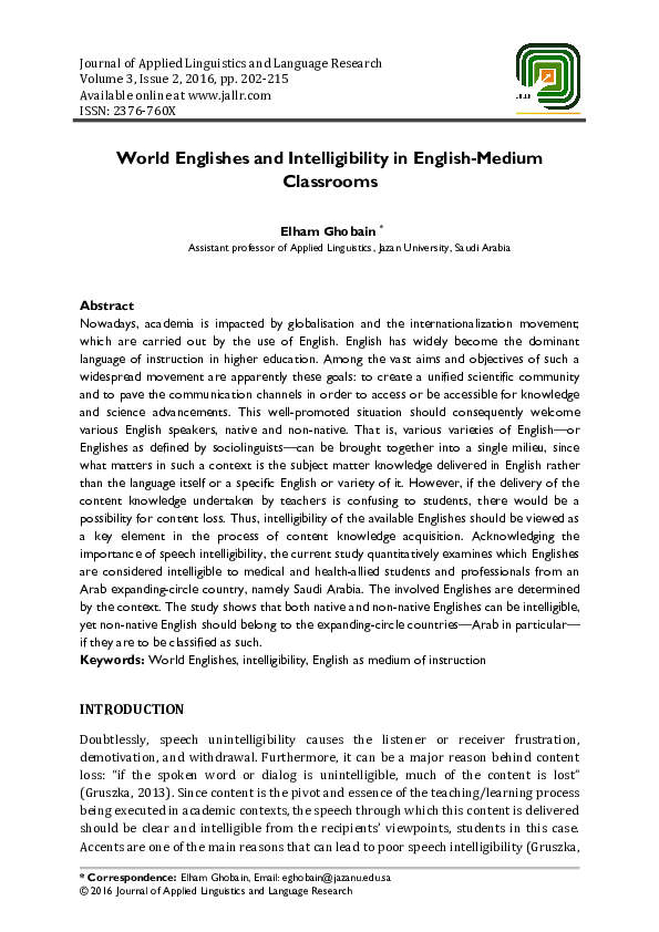 (PDF) World Englishes and Intelligibility in English-Medium Classrooms