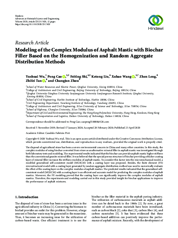 (PDF) Modeling of the Complex Modulus of Asphalt Mastic with Biochar ...