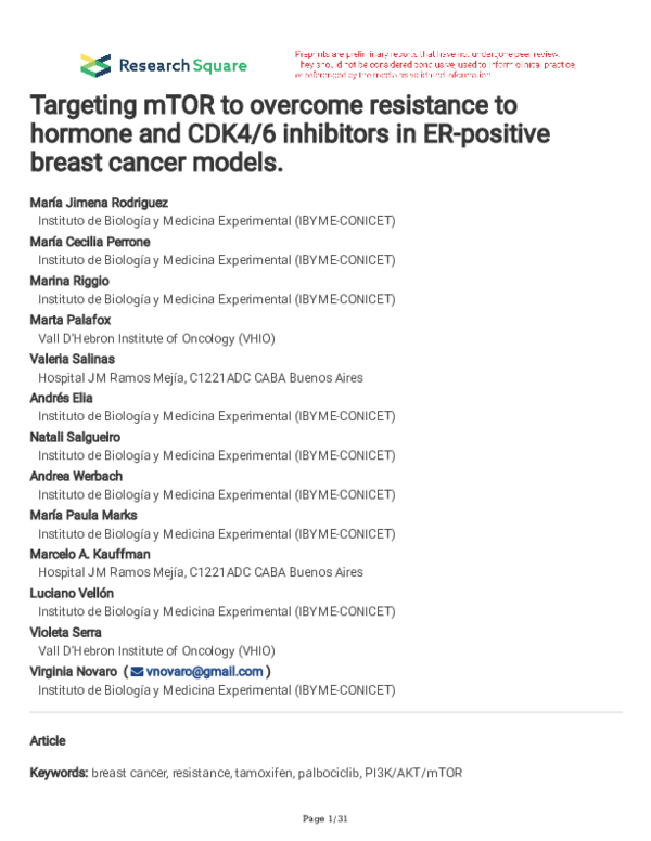 (PDF) Targeting mTOR to overcome resistance to hormone and CDK4/6 ...