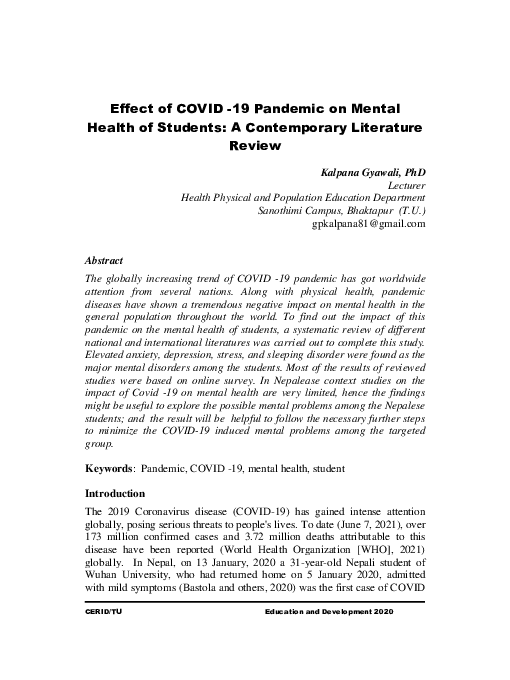 (PDF) Effect of COVID -19 Pandemic on Mental Health of Students: A ...