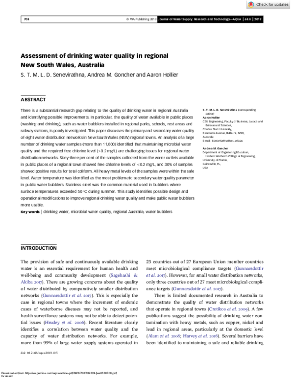 (PDF) Assessment of drinking water quality in regional New South Wales ...