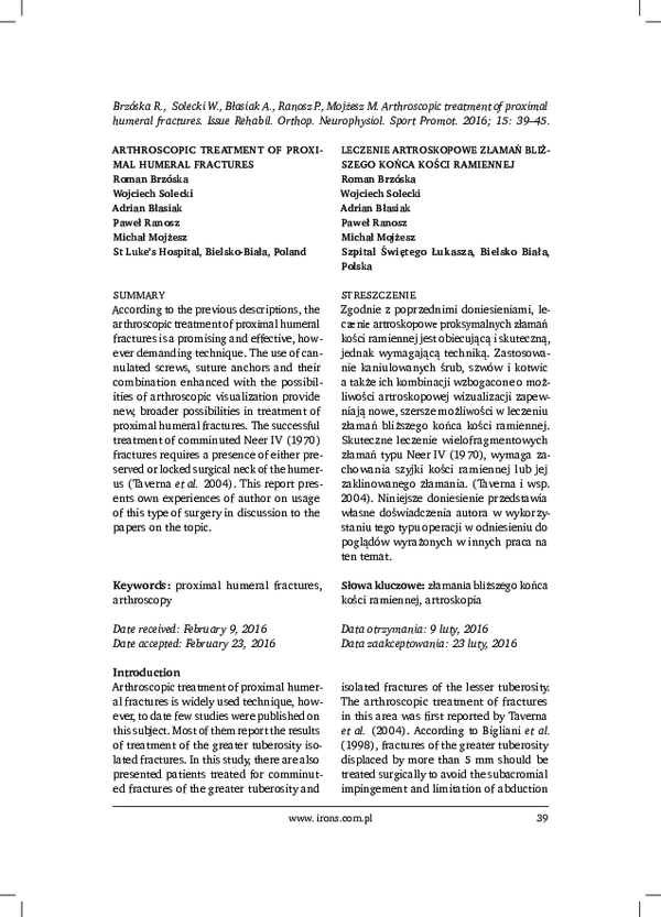 (PDF) Arthroscopic Treatment of Proximal Humeral Fractures