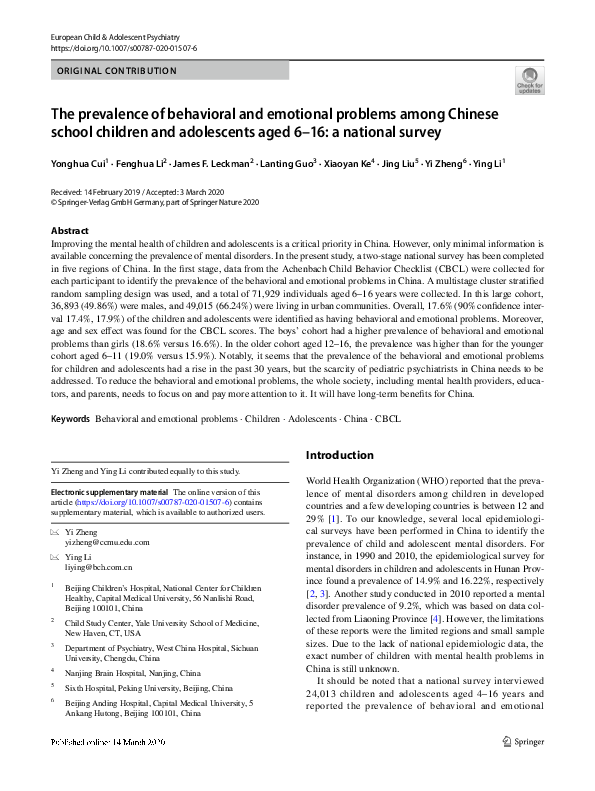 (PDF) Prevalence of behavioral and emotional problems among seven to ...
