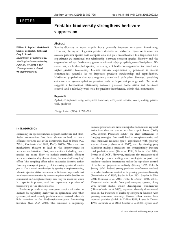 (PDF) Predator biodiversity strengthens herbivore suppression