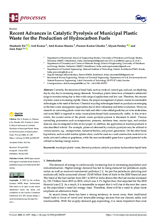 (PDF) Recent Advances in Catalytic Pyrolysis of Municipal Plastic Waste ...