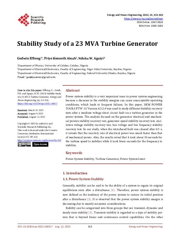 (PDF) Stability Study of a 23 MVA Turbine Generator