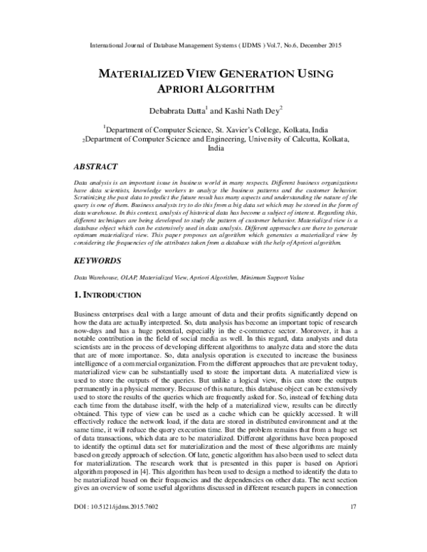 (PDF) Materialized View Generation Using Apriori Algorithm