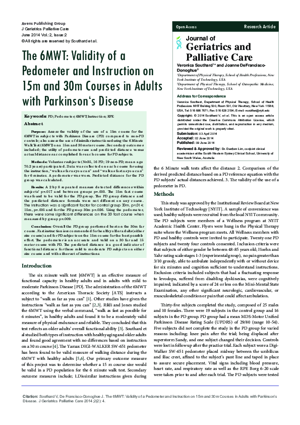 (PDF) The 6MWT: Validity of a Pedometer and Instruction on 15m and 30m ...