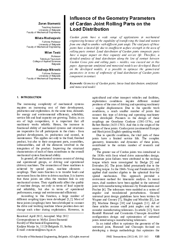 (PDF) Influence of the Geometry Parameters of Cardan Joint Rolling ...