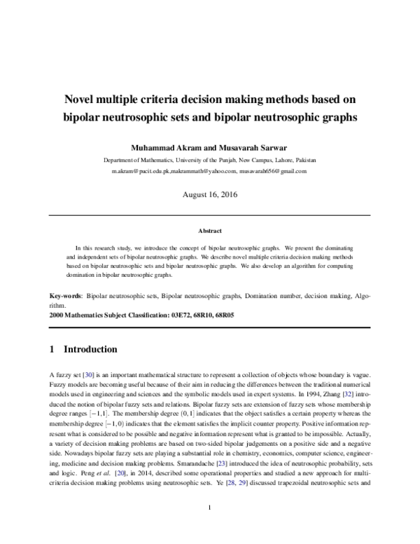(PDF) Novel Multiple Criteria Decision Making Methods Based On Bipolar ...