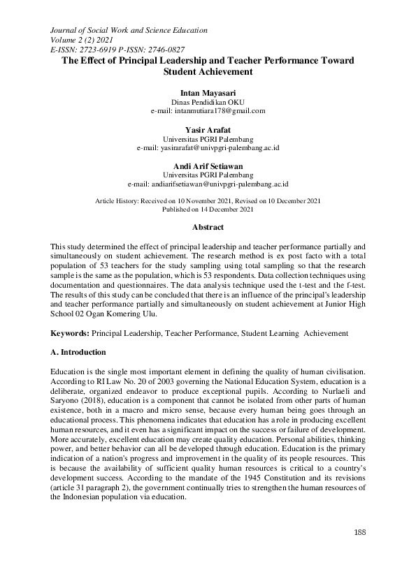(PDF) The Effect of Principal Leadership and Teacher Performance Toward ...