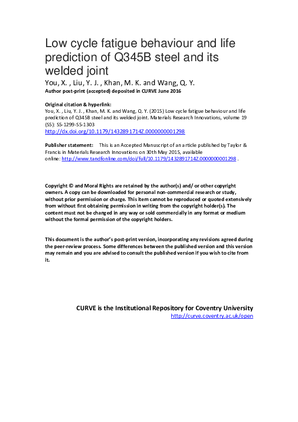(PDF) Low cycle fatigue behaviour and life prediction of Q345B steel ...