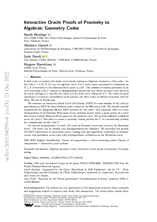 (PDF) Interactive Oracle Proofs of Proximity to Algebraic Geometry Codes