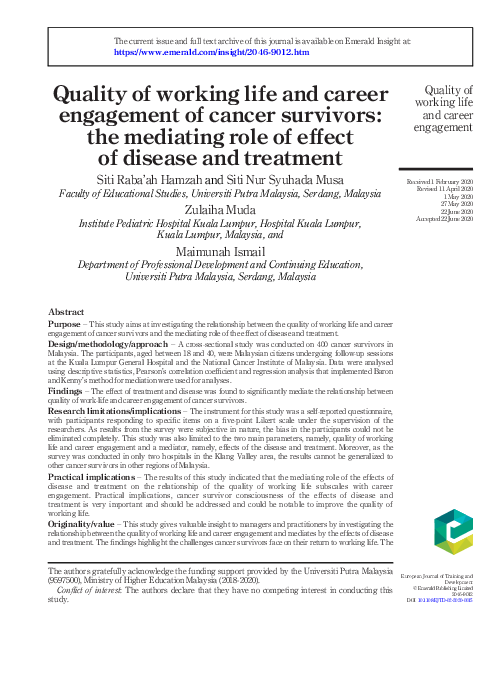 (PDF) Quality of working life and career engagement of cancer survivors ...