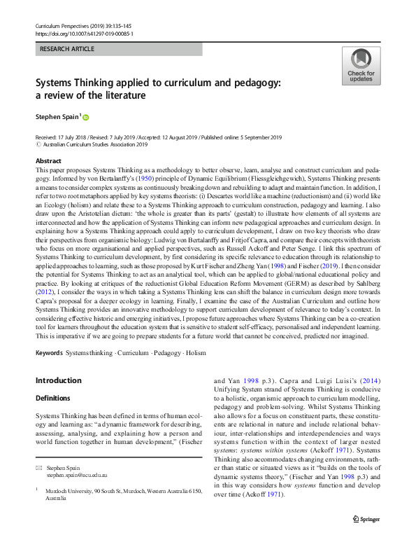 (PDF) Systems Thinking applied to curriculum and pedagogy: a review of ...