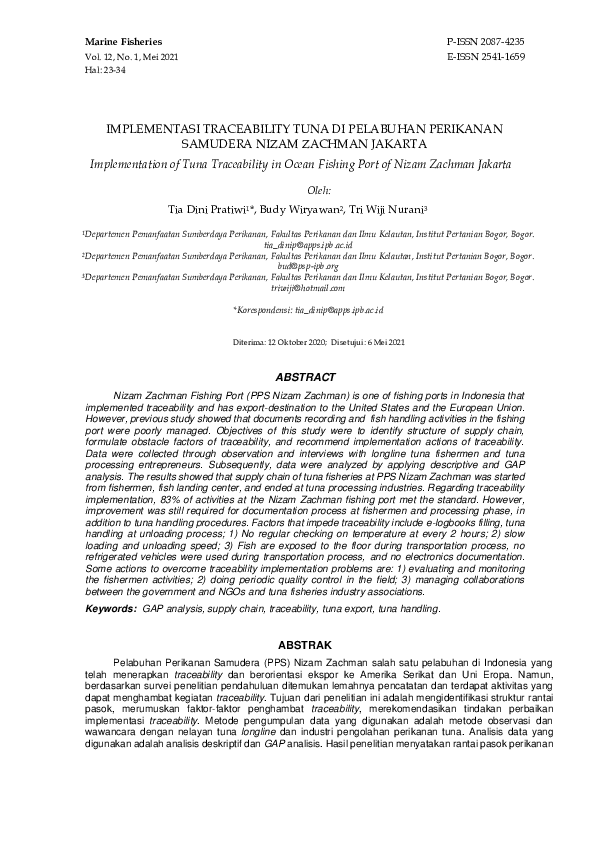 (PDF) Implementation of Tuna Traceability in Ocean Fishing Port of Nizam Zachman Jakarta Tri