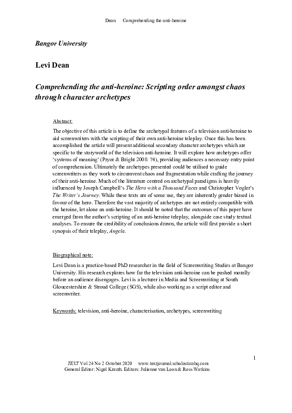 (PDF) Comprehending the anti-heroine: Scripting order amongst chaos ...