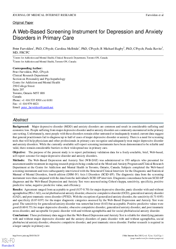 (PDF) A Web-Based Screening Instrument for Depression and Anxiety ...