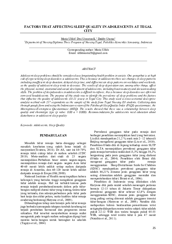 (PDF) Factors That Affecting Sleep Quality in Adolescents at Tegal City