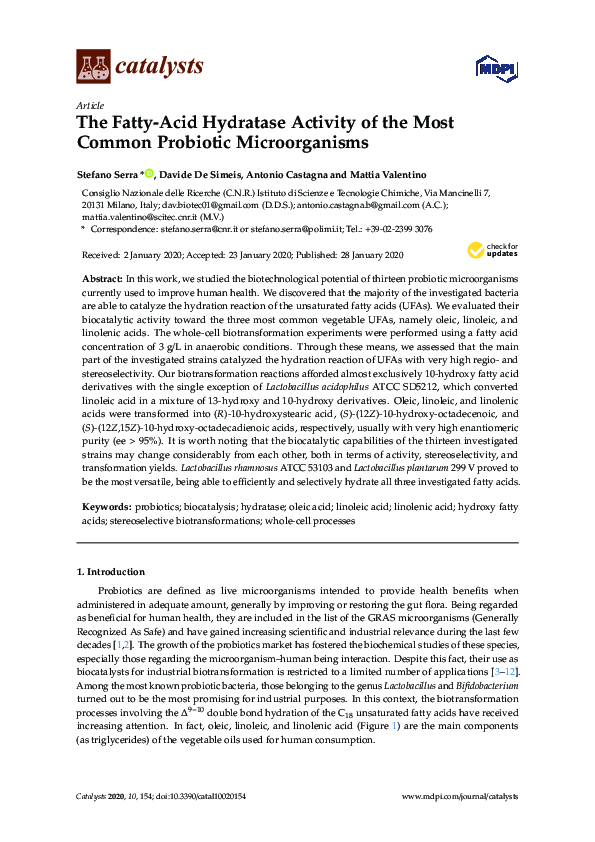 (PDF) The Fatty-Acid Hydratase Activity of the Most Common Probiotic ...
