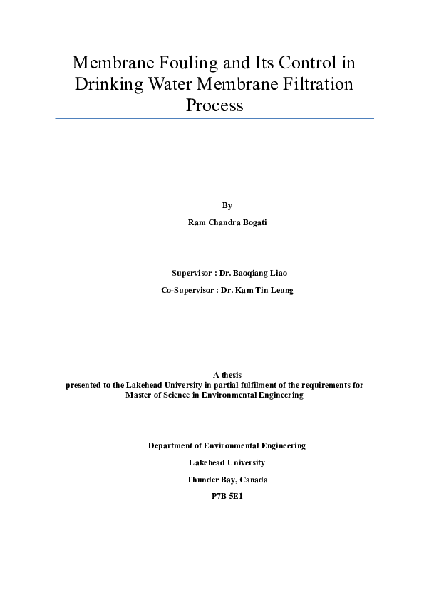 (PDF) Membrane fouling and its control in drinking water membrane