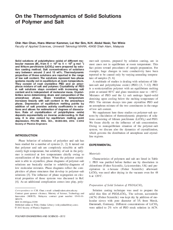 (PDF) On the thermodynamics of solid solutions of polymer and salt