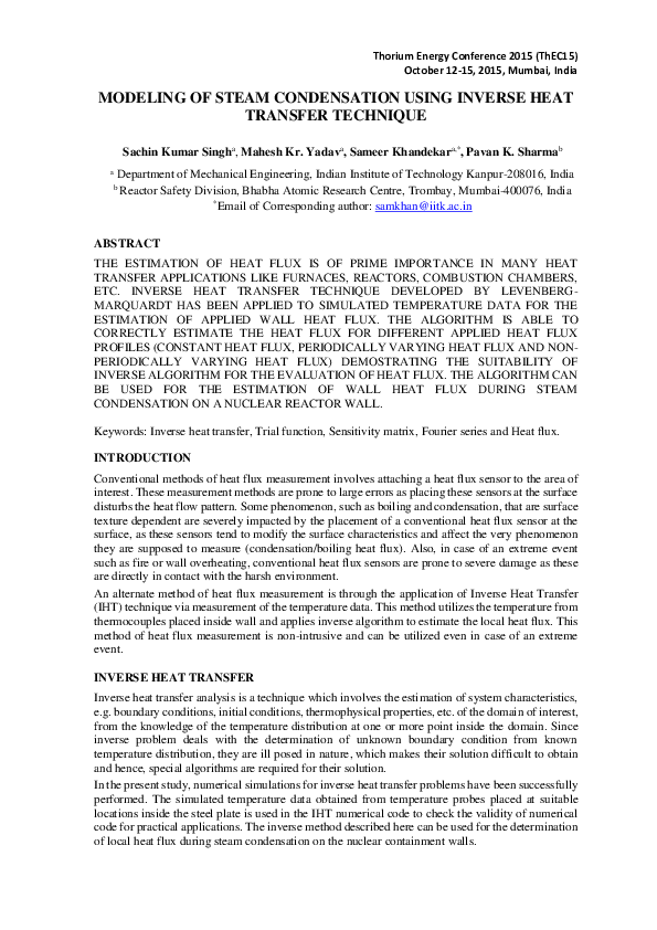 (PDF) Modeling of Steam Condensation Using Inverse Heat Transfer Technique