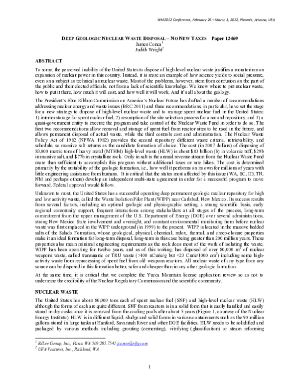 (PDF) Deep Geologic Nuclear Waste Disposal No New Taxes Judith