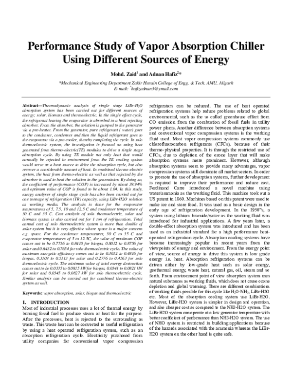 (PDF) Performance Study of Vapor Absorption Chiller Using Different ...