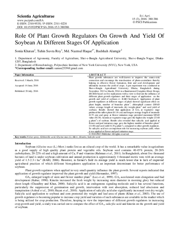 (PDF) Role Of Plant Growth Regulators On Growth And Yield Of Soybean At ...