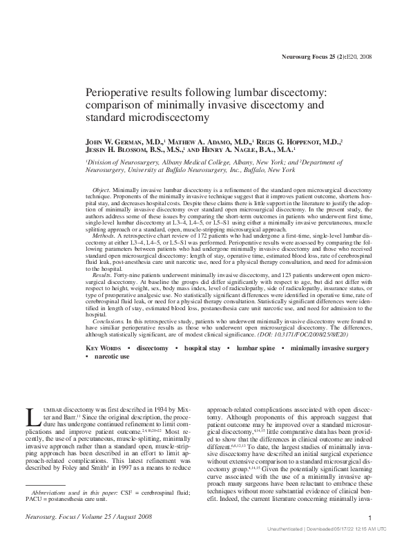 (PDF) Perioperative results following lumbar discectomy comparison of