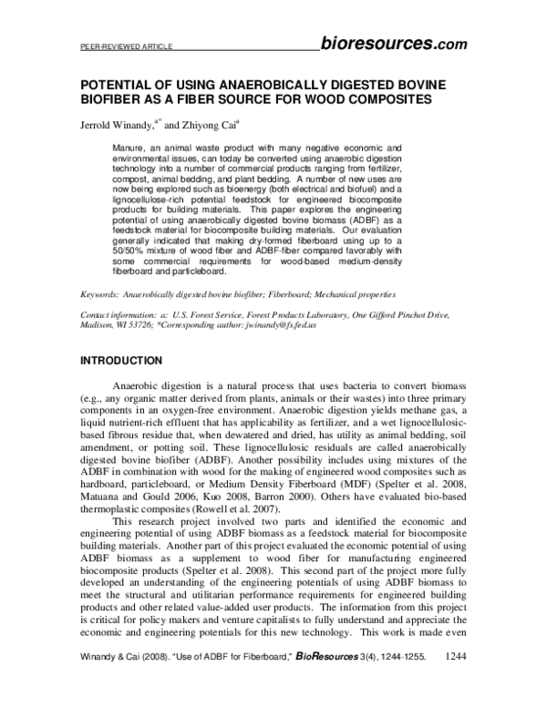 (PDF) Potential of using anaerobically digested bovine biofiber as a ...