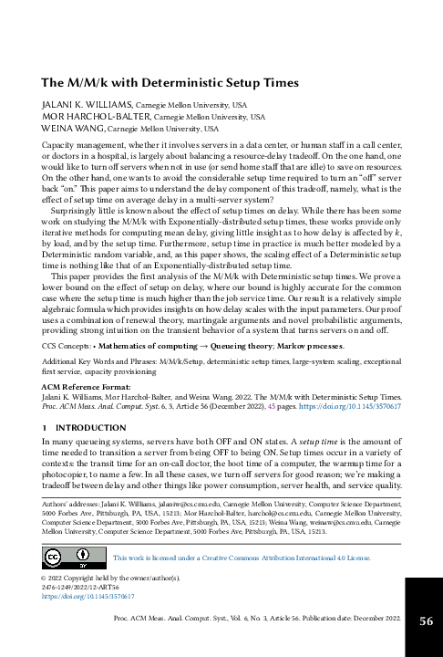 (PDF) The M/M/k with Deterministic Setup Times
