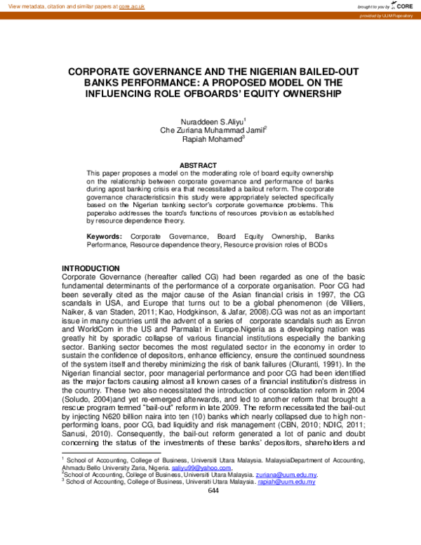 (PDF) Corporate governance and the Nigerian bailed-out bank performance ...