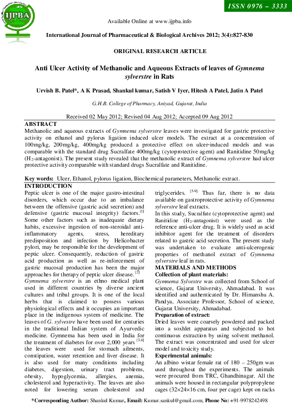 (PDF) Anti Ulcer Activity of Methanolic and Aqueous Extracts of leaves ...