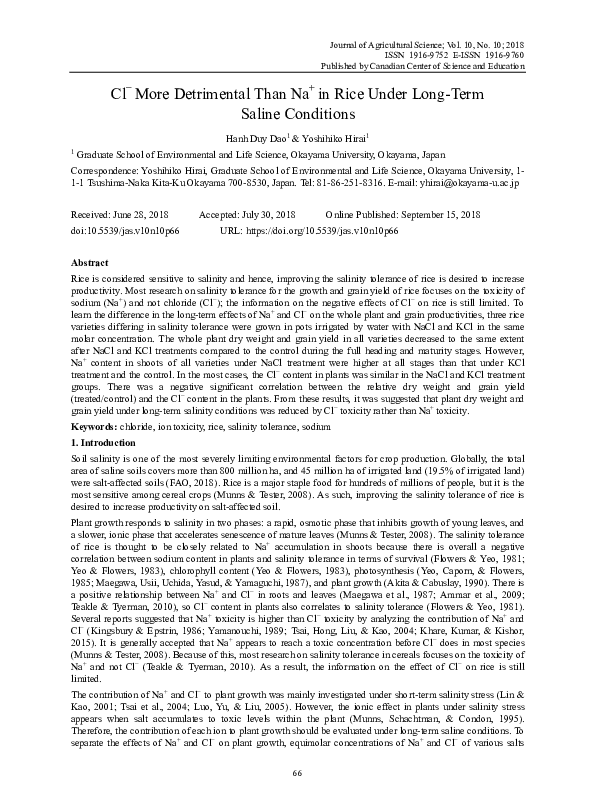(PDF) Cl− More Detrimental Than Na+ in Rice Under Long-Term Saline ...