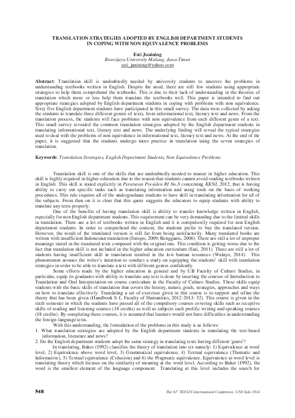 (PDF) Translation Strategies Adopted by English Department Students in ...