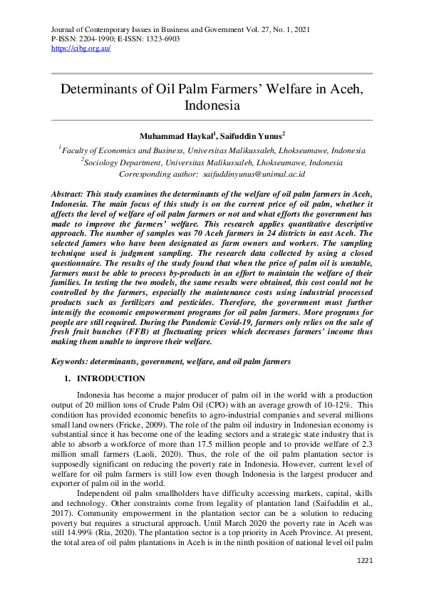 (PDF) Determinants of Oil Palm Farmers’ Welfare in Aceh, Indonesia