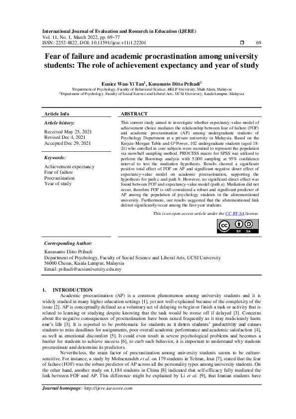 (PDF) Fear of failure and academic procrastination among university ...