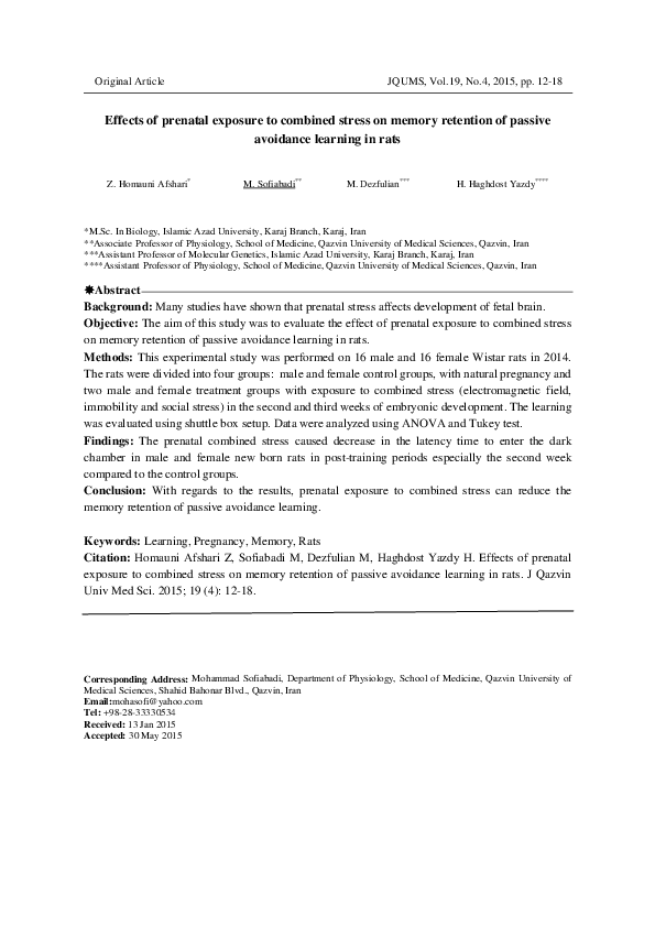 (PDF) Effects of prenatal exposure to combined stress on memory ...