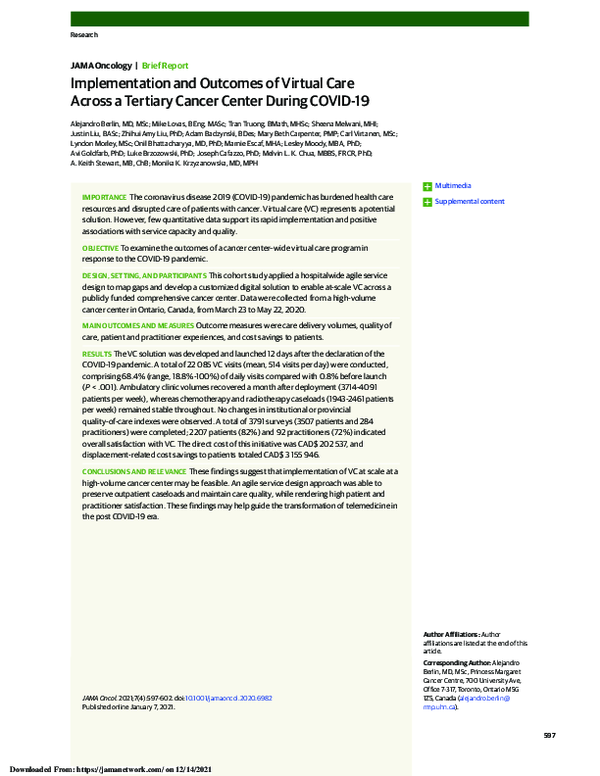 (PDF) Implementation and Outcomes of Virtual Care Across a Tertiary ...