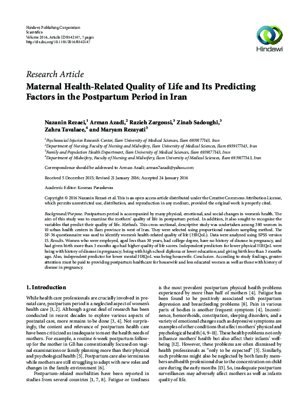 (PDF) Maternal Health-Related Quality of Life and Its Predicting ...