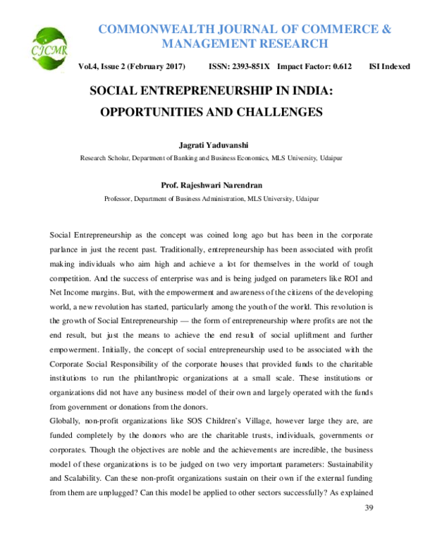 (PDF) Social Entrepreneurship in India: Opportunities and Challenges