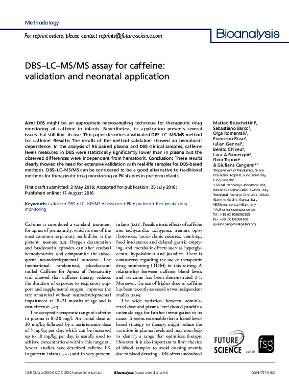 (PDF) DBS–LC–MS/MS assay for caffeine: validation and neonatal application