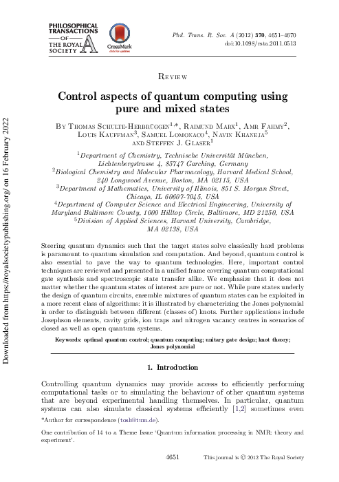 (PDF) Control aspects of quantum computing using pure and mixed states