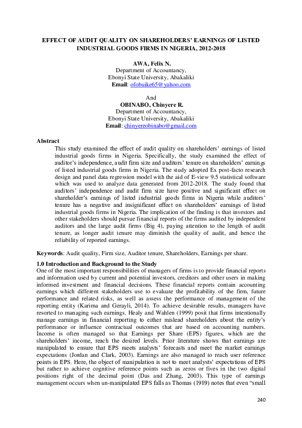 (PDF) Effect of audit quality on shareholders’ earnings of listed ...